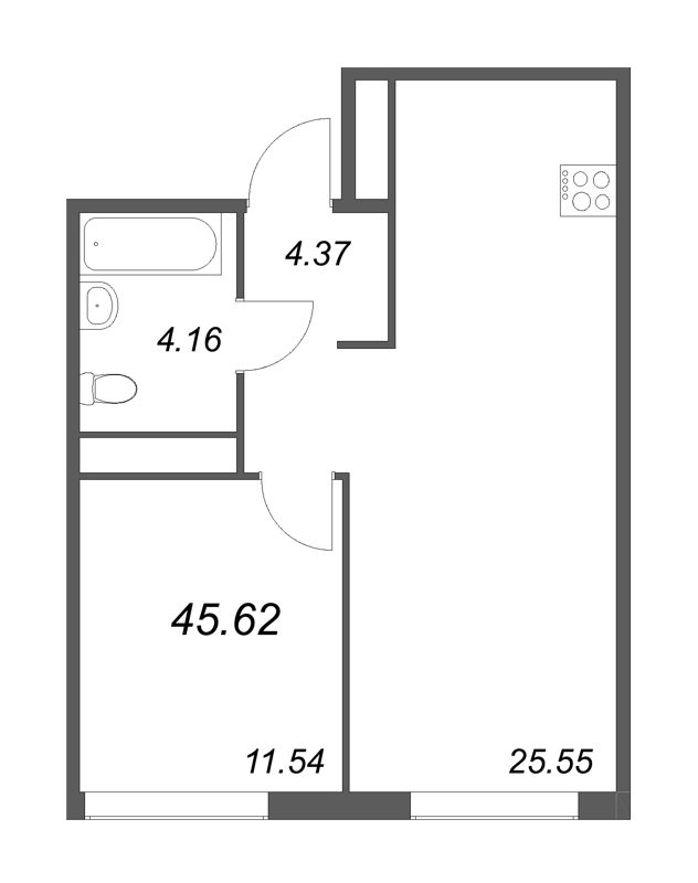 2-комнатная (Евро) квартира, 45.62 м² - планировка, фото №1