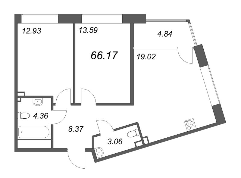 2-комнатная (Евро) квартира, 67.96 м² в ЖК "17/33 Петровский остров" - планировка, фото №1