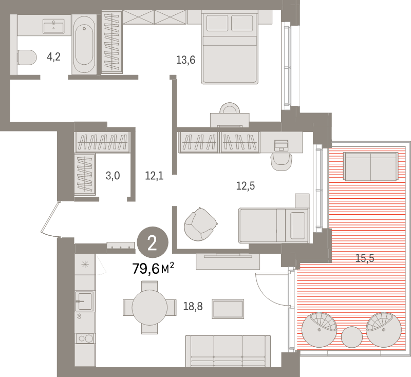 2-комнатная квартира, 79.6 м² в ЖК "Брусника в Новоселье" - планировка, фото №1