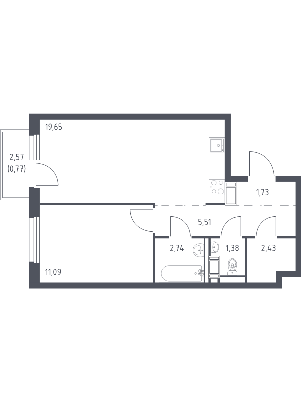 2-комнатная (Евро) квартира, 45.3 м² в ЖК "Квартал Торики" - планировка, фото №1