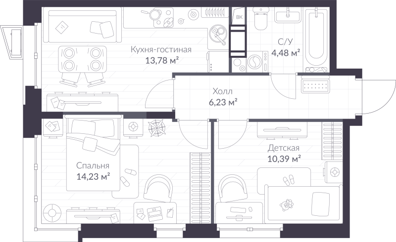 2-комнатная квартира, 49.11 м² в ЖК "VEREN NORT сертолово" - планировка, фото №1