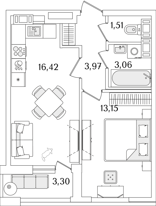 2-комнатная (Евро) квартира, 40.5 м² в ЖК "Лайнеръ" - планировка, фото №1