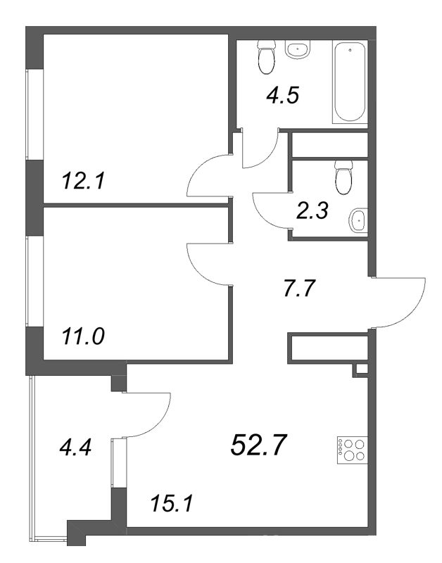 3-комнатная (Евро) квартира, 52.7 м² в ЖК "Передвижники" - планировка, фото №1