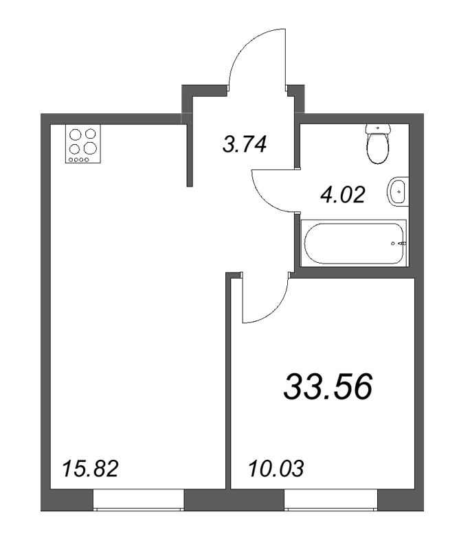 2-комнатная (Евро) квартира, 33.56 м² - планировка, фото №1