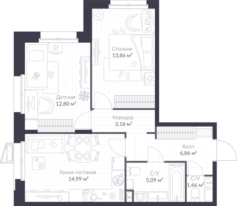 3-комнатная (Евро) квартира, 58.24 м² - планировка, фото №1