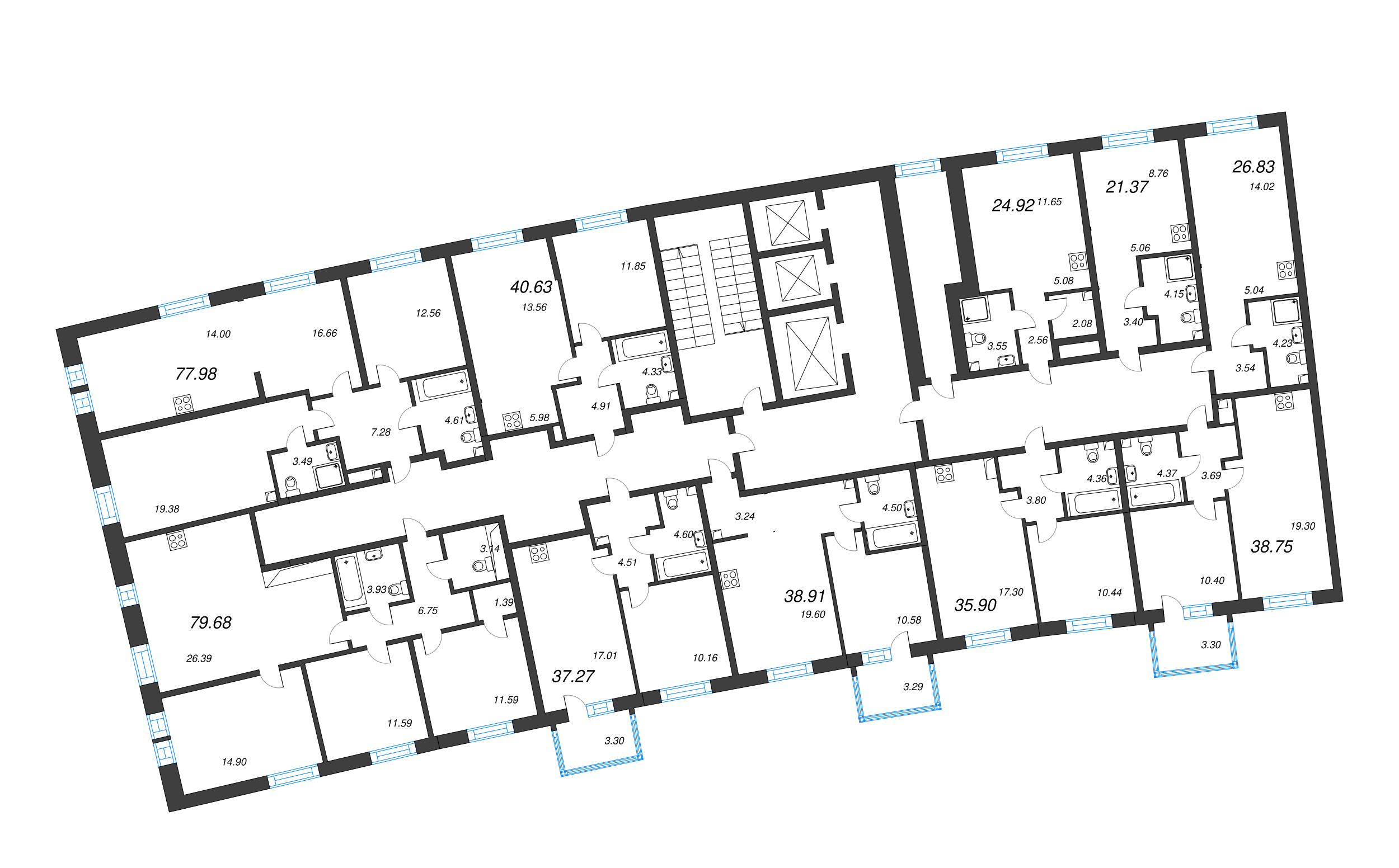 4-комнатная (Евро) квартира, 79.68 м² в ЖК "Бульвар Грина" - планировка этажа