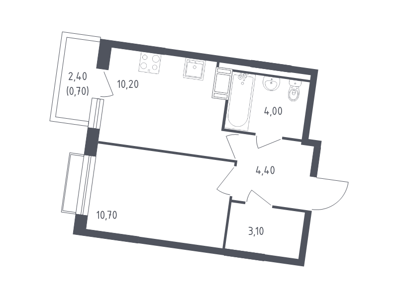 1-комнатная квартира, 33.1 м² - планировка, фото №1