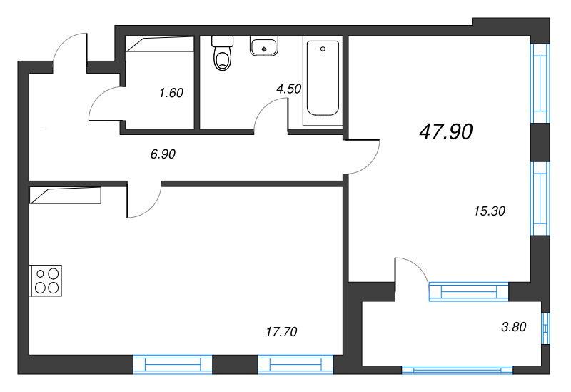 2-комнатная (Евро) квартира, 47.8 м² в ЖК "Тайм Сквер" - планировка, фото №1