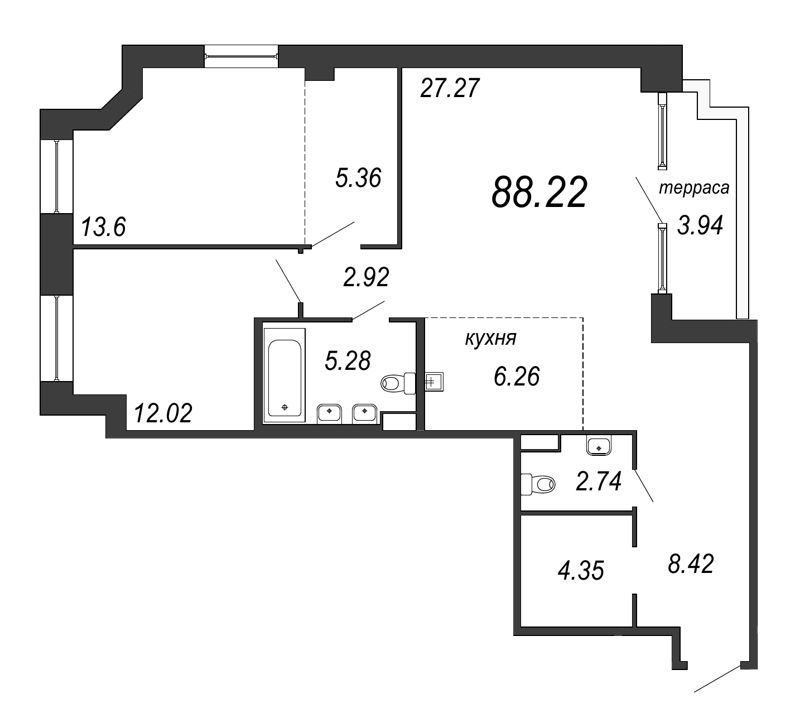 3-комнатная (Евро) квартира, 89.4 м² - планировка, фото №1