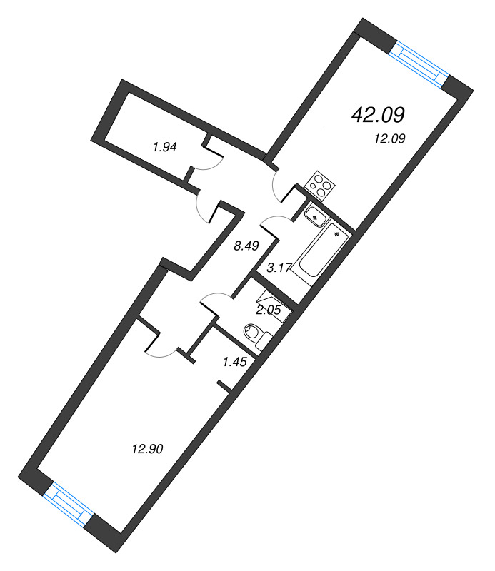 1-комнатная квартира, 42.09 м² в ЖК "Дом Левитан" - планировка, фото №1