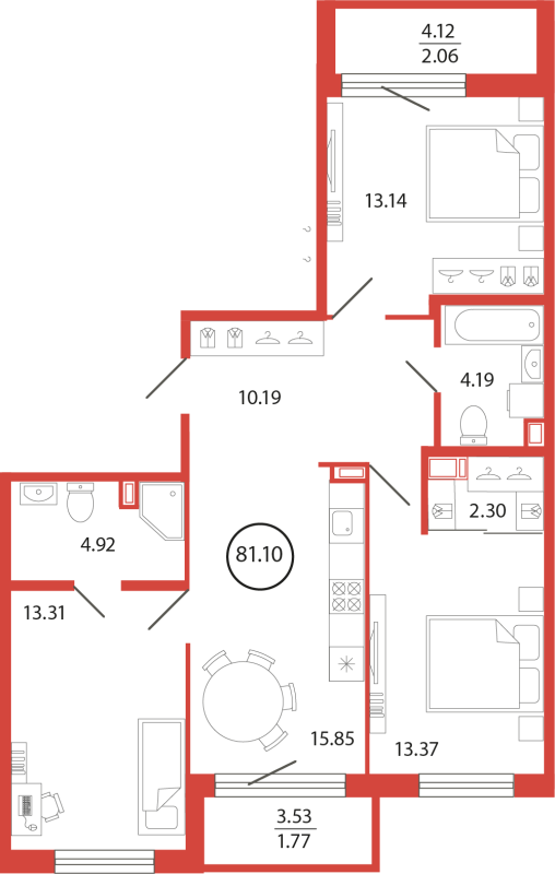 4-комнатная (Евро) квартира, 81.1 м² в ЖК "Энфилд" - планировка, фото №1