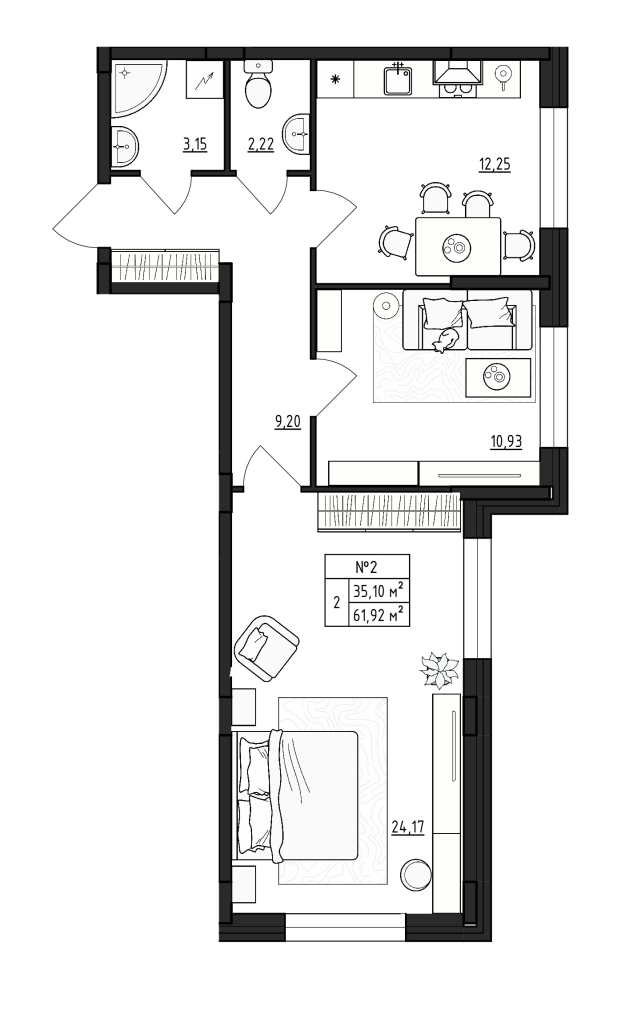 2-комнатная квартира, 61.92 м² - планировка, фото №1