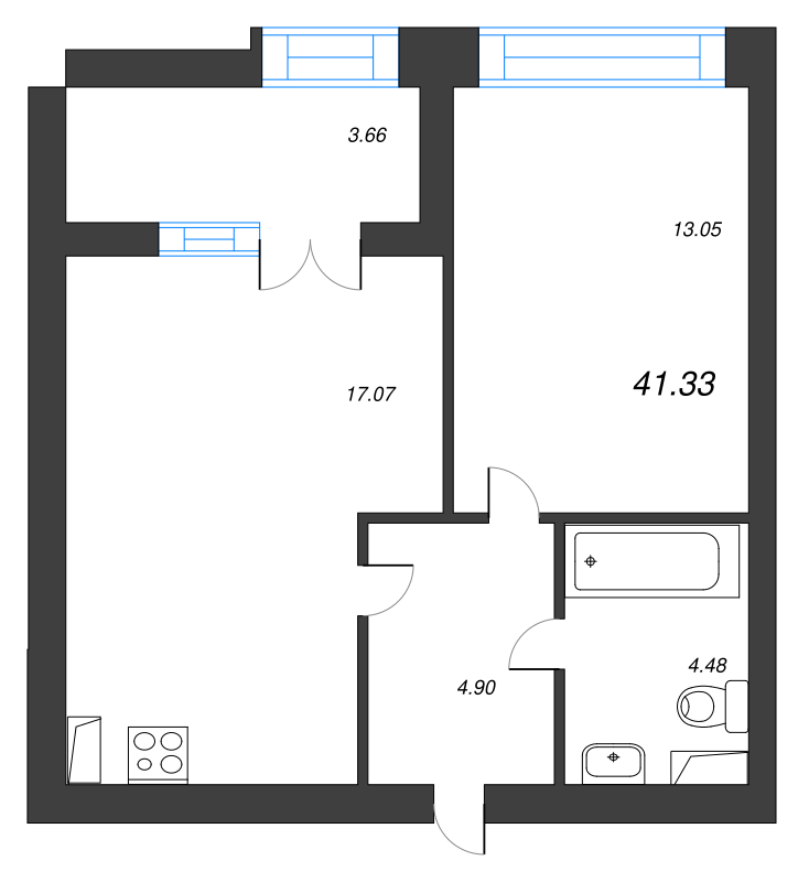 2-комнатная (Евро) квартира, 44.5 м² - планировка, фото №1