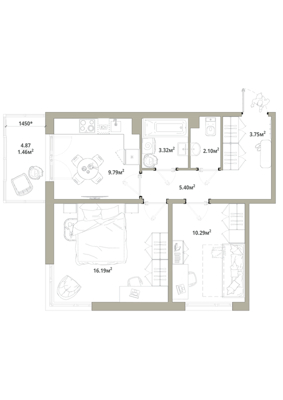 2-комнатная квартира, 52.3 м² в ЖК "Тишин" - планировка, фото №1