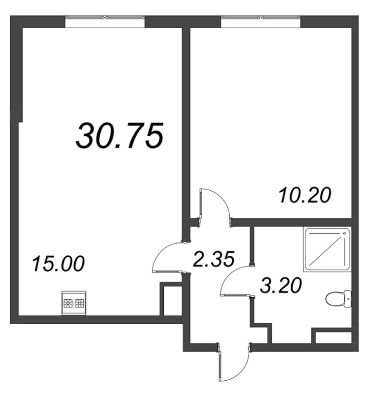 2-комнатная (Евро) квартира, 30.75 м² - планировка, фото №1