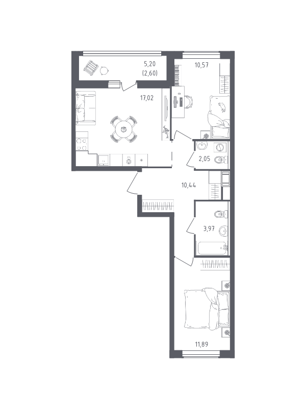 3-комнатная (Евро) квартира, 58.54 м² в ЖК "Южная Нева" - планировка, фото №1