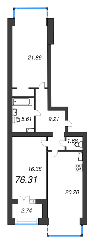 3-комнатная (Евро) квартира, 80.8 м² в ЖК "Наука" - планировка, фото №1