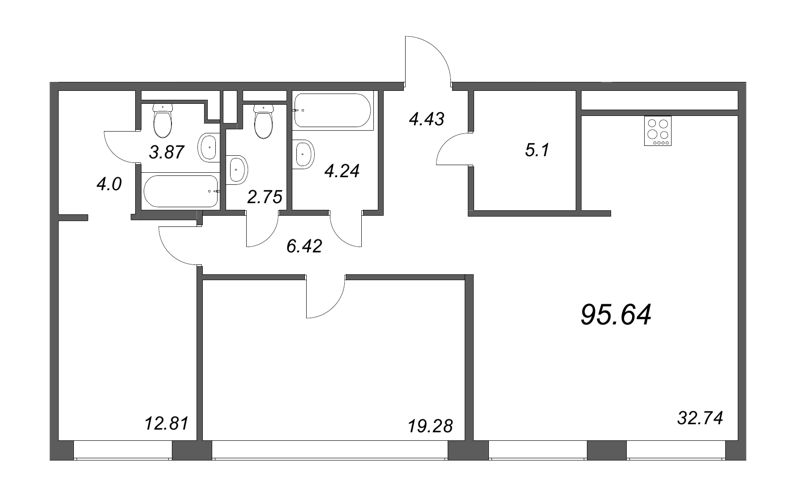 3-комнатная (Евро) квартира, 95.64 м² - планировка, фото №1