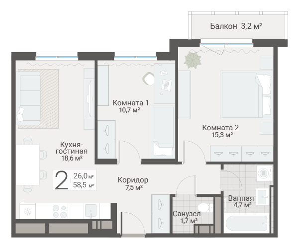3-комнатная (Евро) квартира, 58.5 м² в ЖК "Руднева 15" - планировка, фото №1