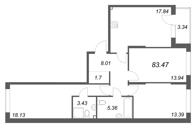 4-комнатная (Евро) квартира, 83.47 м² в ЖК "Охтинские высоты" - планировка, фото №1