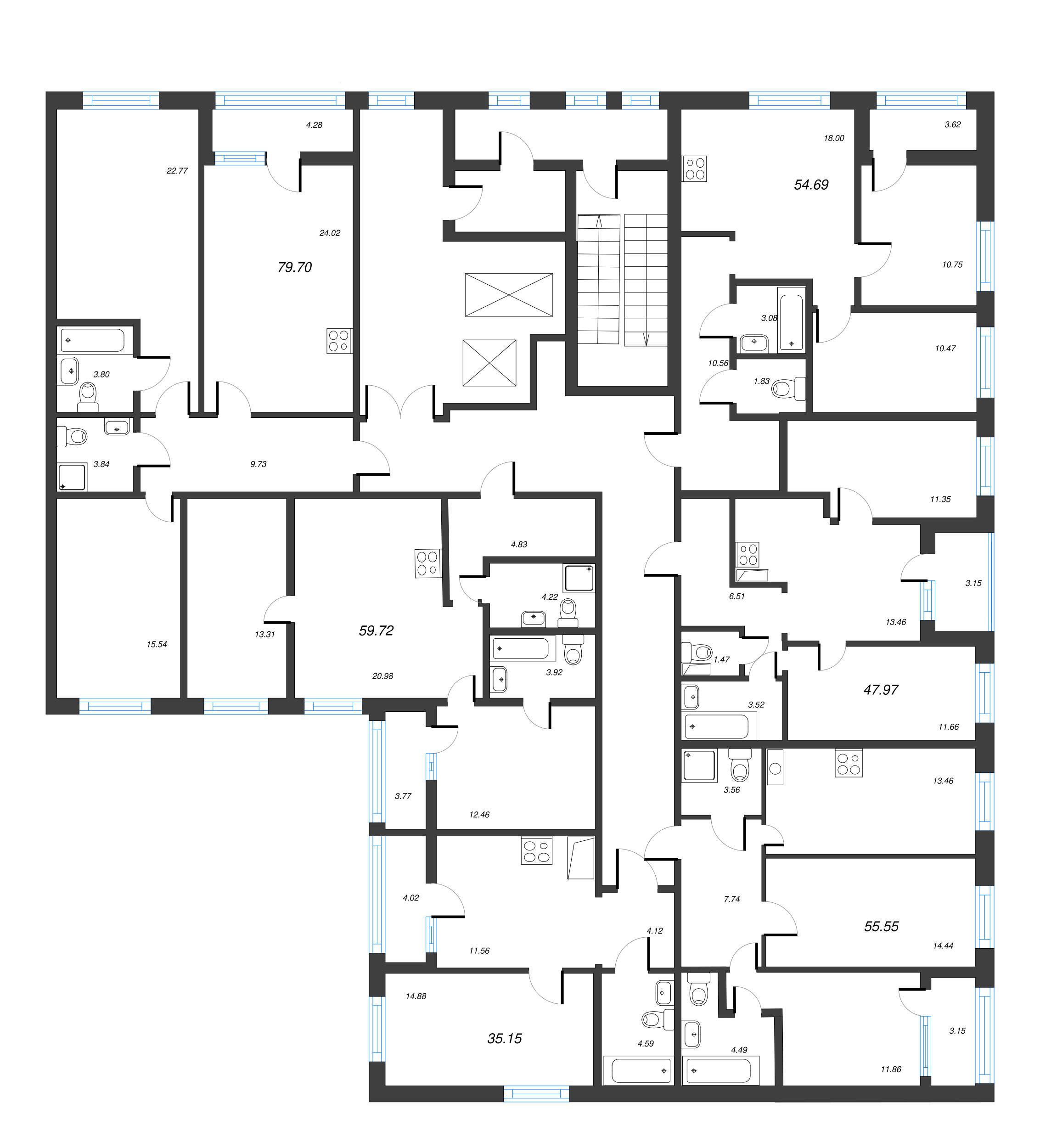 3-комнатная (Евро) квартира, 54.69 м² в ЖК "Чёрная речка" - планировка этажа
