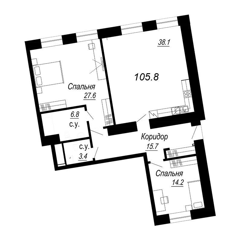 2-комнатная квартира, 110.07 м² - планировка, фото №1