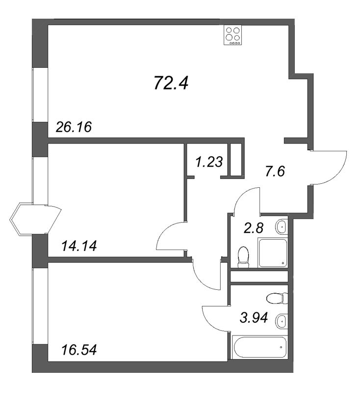 3-комнатная (Евро) квартира, 72.4 м² в ЖК "Avant" - планировка, фото №1