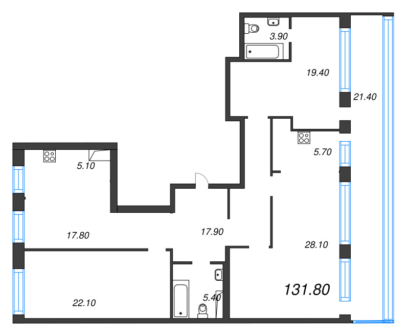 4-комнатная (Евро) квартира, 131.8 м² - планировка, фото №1