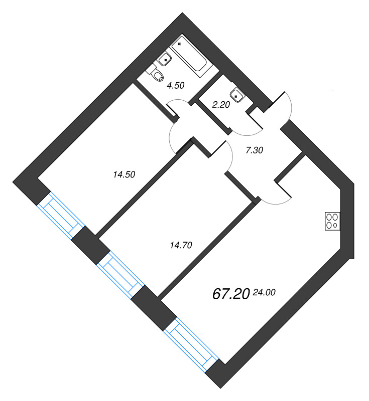 2-комнатная квартира, 67.2 м² в ЖК "Листва" - планировка, фото №1