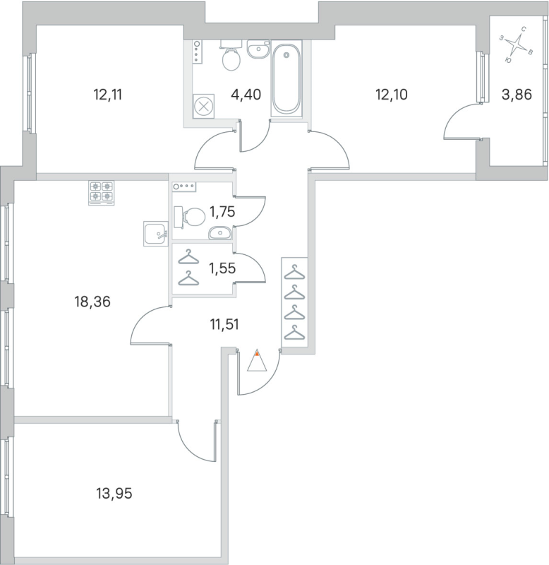 4-комнатная (Евро) квартира, 75.73 м² в ЖК "Любоград" - планировка, фото №1