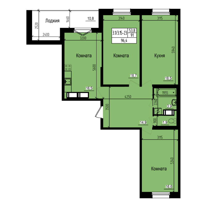 3-комнатная квартира, 96.4 м² - планировка, фото №1