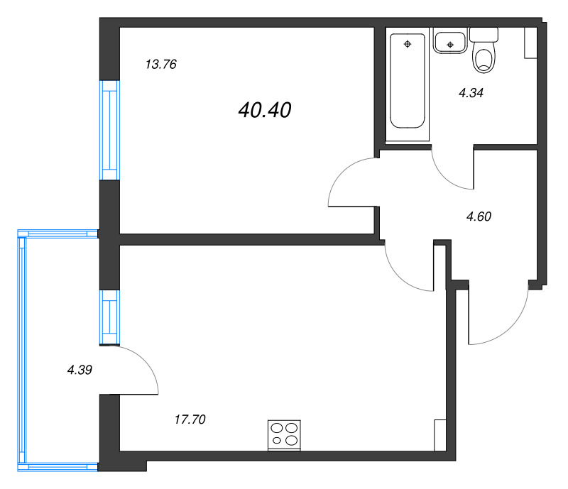 2-комнатная (Евро) квартира, 40.4 м² в ЖК "Любоград" - планировка, фото №1