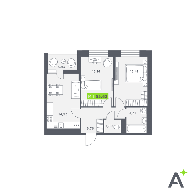 2-комнатная квартира, 57.02 м² в ЖК "Аквилон Verba" - планировка, фото №1