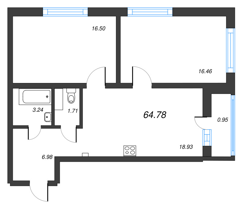 2-комнатная квартира, 64.78 м² - планировка, фото №1