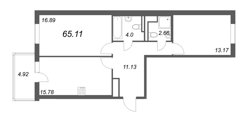 3-комнатная (Евро) квартира, 65.11 м² - планировка, фото №1