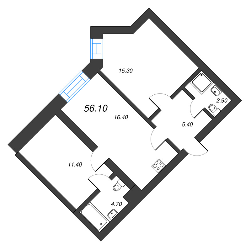 2-комнатная квартира, 56.1 м² в ЖК "Листва" - планировка, фото №1