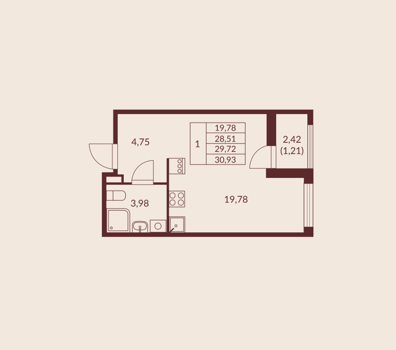 Квартира-студия, 29.72 м² в ЖК "Амурино" - планировка, фото №1