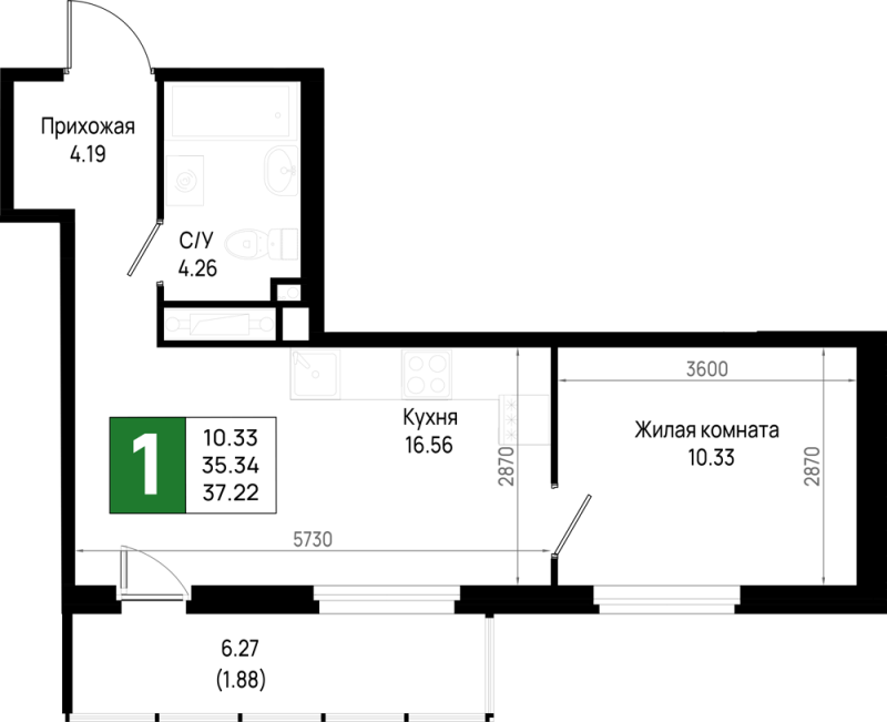2-комнатная (Евро) квартира, 37.22 м² в ЖК "Имена" - планировка, фото №1