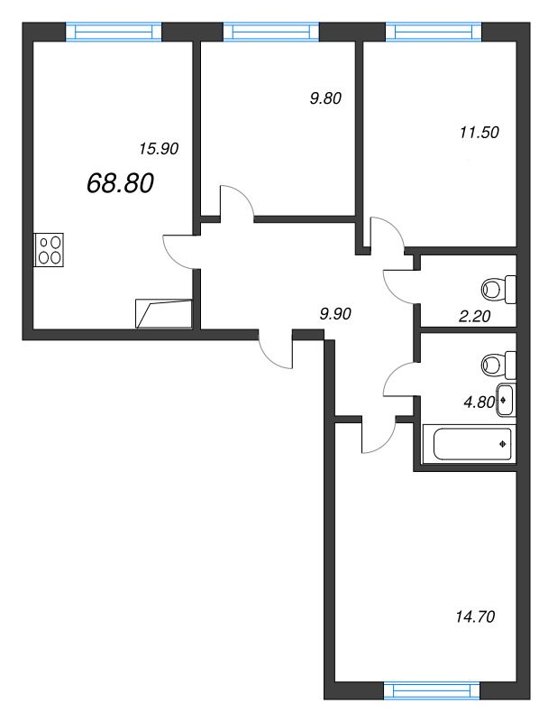 3-комнатная квартира, 68.8 м² - планировка, фото №1
