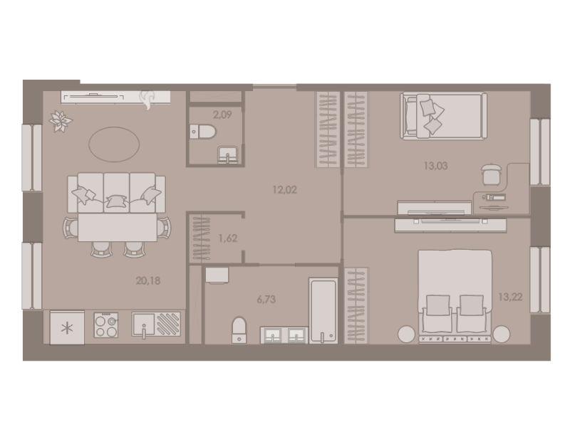 3-комнатная (Евро) квартира, 69.9 м² в ЖК "Северная корона" - планировка, фото №1