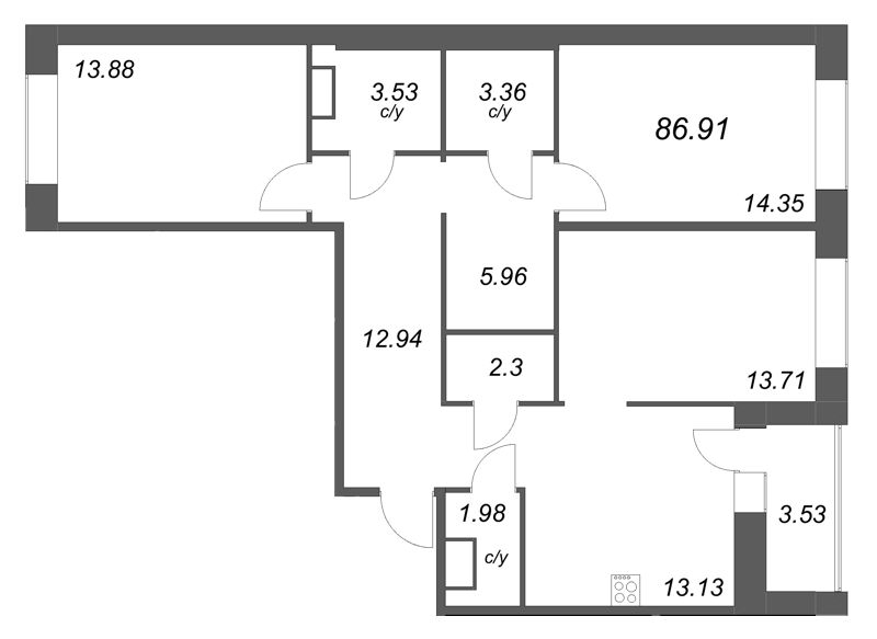 3-комнатная квартира, 86.91 м² в ЖК "Уютный" - планировка, фото №1