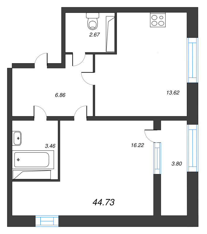 1-комнатная квартира, 44.7 м² - планировка, фото №1