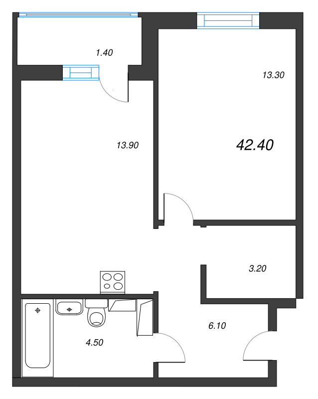 1-комнатная квартира, 42.4 м² - планировка, фото №1