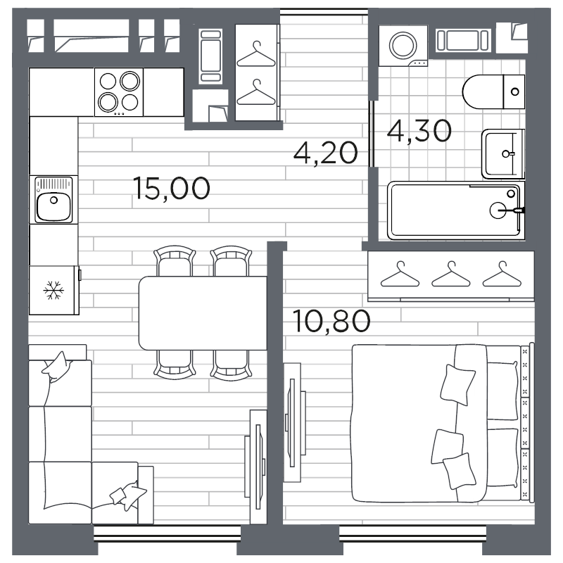 2-комнатная (Евро) квартира, 34.3 м² в ЖК "PLUS Пулковский" - планировка, фото №1