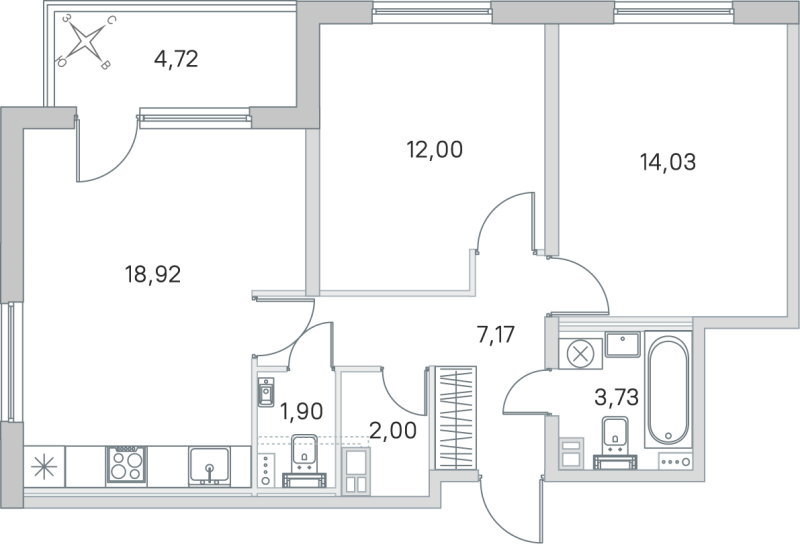 3-комнатная (Евро) квартира, 59.75 м² в ЖК "Любоград" - планировка, фото №1