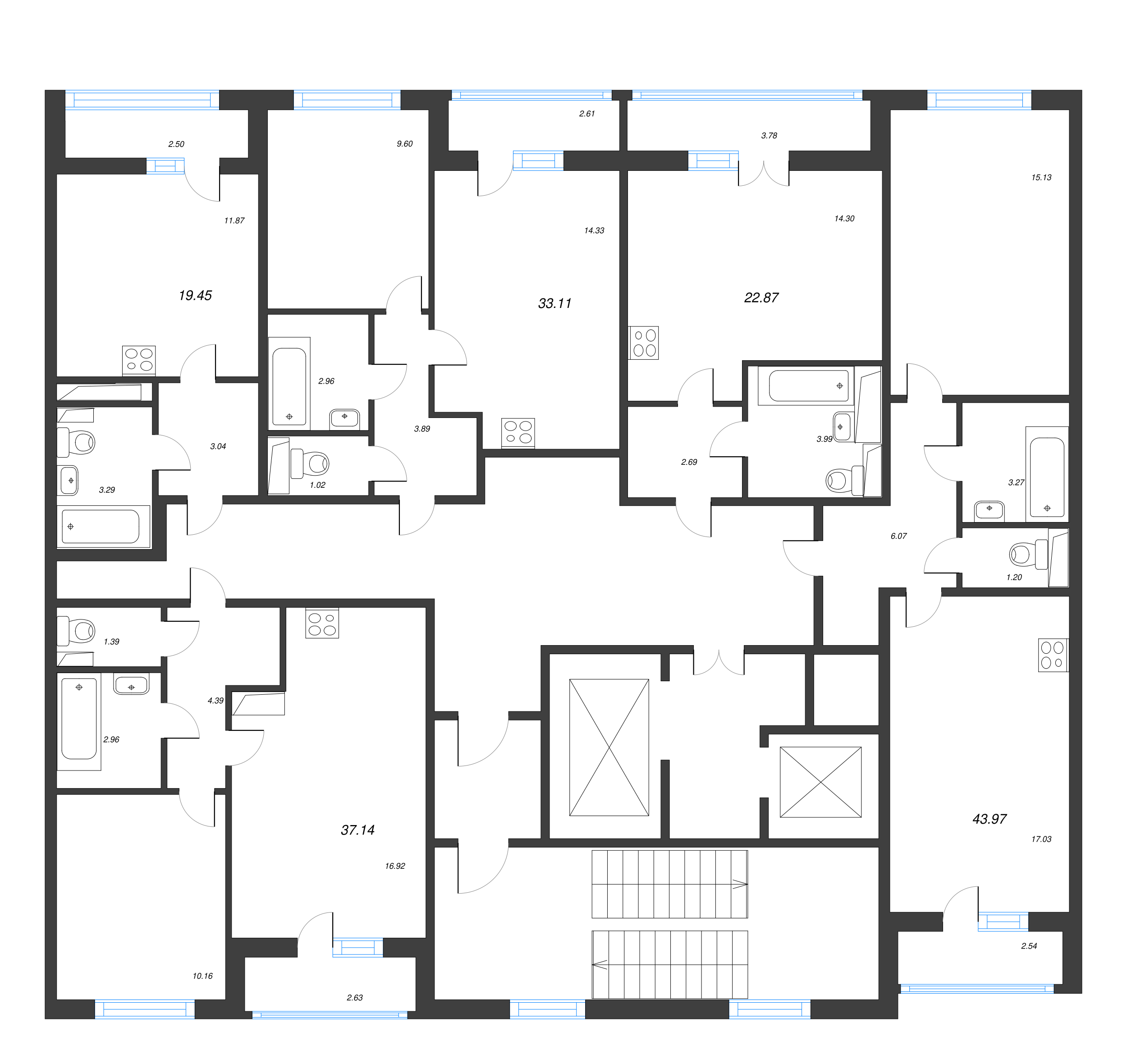 2-комнатная (Евро) квартира, 43.97 м² - планировка этажа