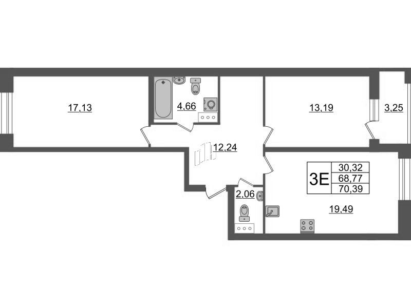 3-комнатная (Евро) квартира, 70.39 м² - планировка, фото №1
