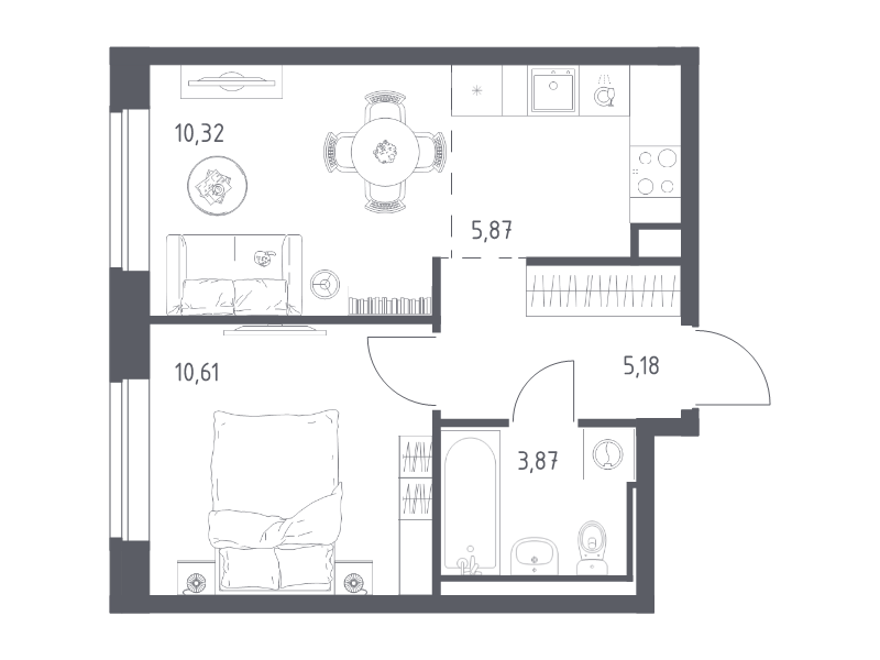 2-комнатная (Евро) квартира, 35.85 м² в ЖК "Живи! В Рыбацком" - планировка, фото №1