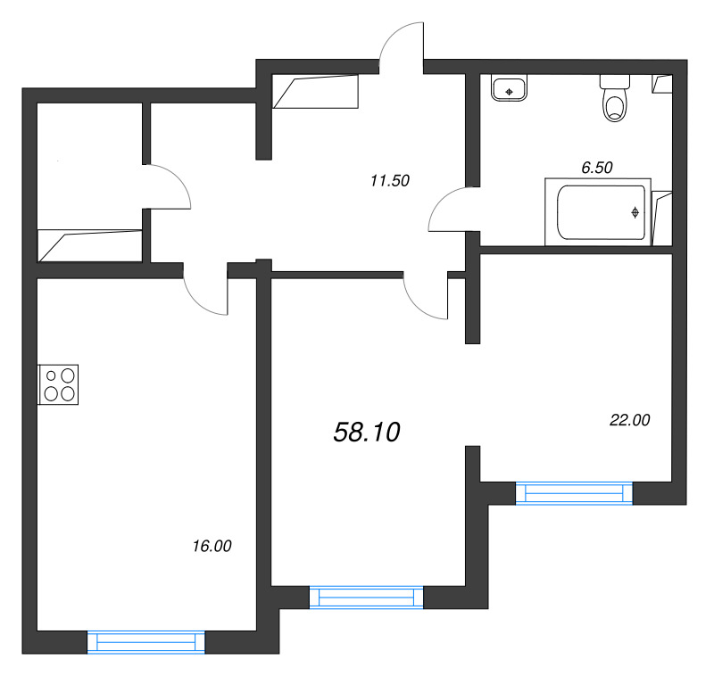 2-комнатная (Евро) квартира, 58.1 м² - планировка, фото №1