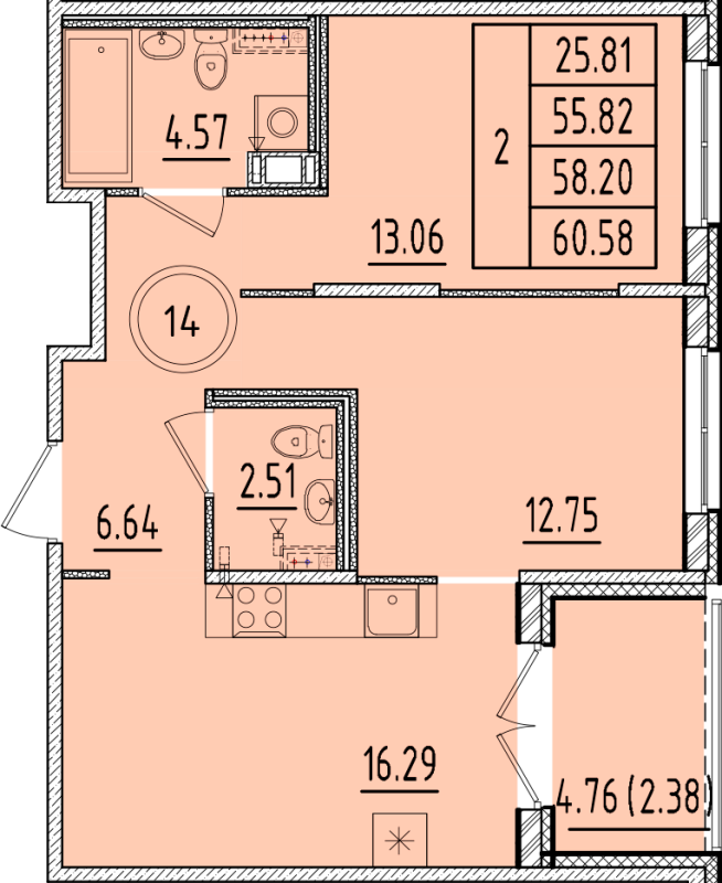 3-комнатная (Евро) квартира, 55.82 м² - планировка, фото №1